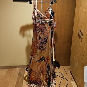 JS Collections Vintage Vibrant Orange, Gold and Black Maxi Evening Satin Dress